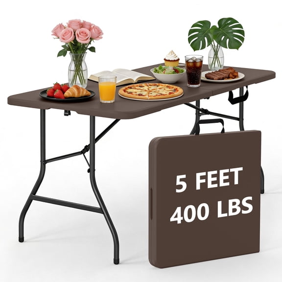 WLLJOY 5ft Folding Table, Portable Heavy Duty Picnic Table with Portable Handle, Durable, Suitable for Dinner, Wedding, Camping, Brown.