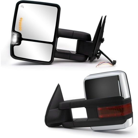 WLLW Towing Mirrors Compatible with 1999-2002 Chevy Silverado 1500 2500 3500 GMC Sierra Yukon Tahoe Power Heated Turn Signal Light Arrow Lamp Manual Flip Up Pickup Truck Tow Mirrors LH RH Chrome