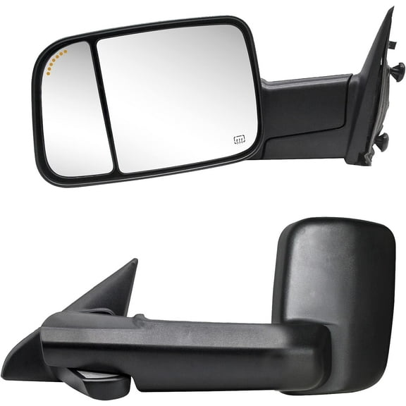 WLLW Towing Mirrors fit for 2009-2018 Dodge Ram 1500 2500 3500 Pickup with Power Adjusted, Heated, Puddle Lamp, LED Arrow Signal Light, Temperature Sensor, Black Housing