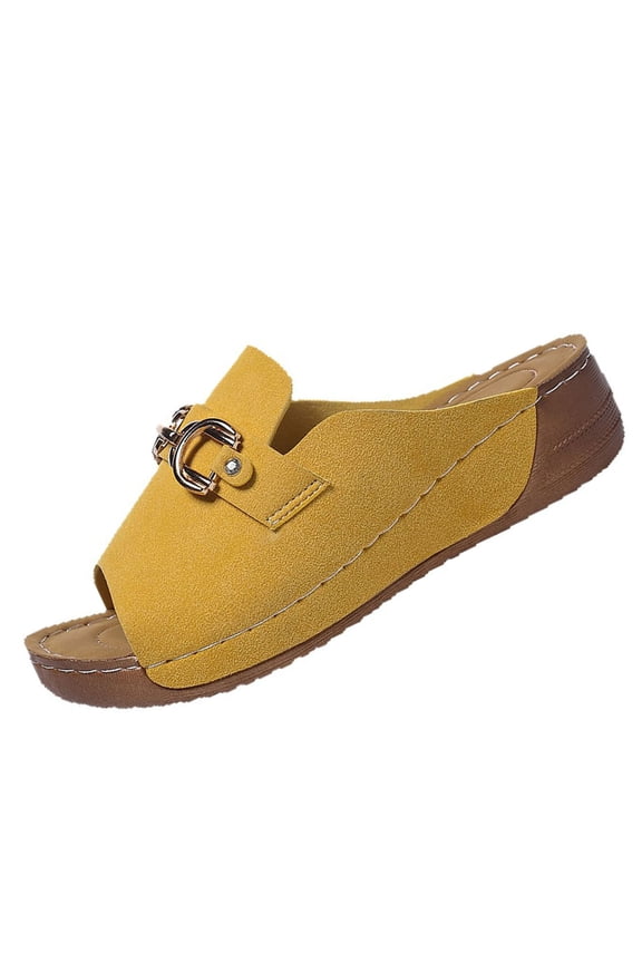 Casual Sandals For Women Plus Size Summer Metal Buckle Solid Color One-Line Drag Half Slippers Wedge Heel Pu Material In Yellow Size 36 Us 5.5 Foot Length 9.06 Inches