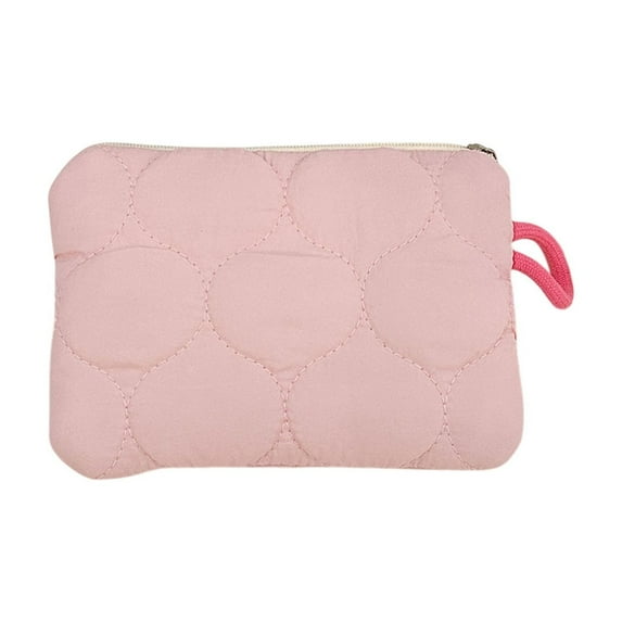 WLOELOEW Pink Mini Quilted Coin Purse Zippered Nylon Makeup Bag Portable Small Cosmetic Pouch For Women Travel Essentials Pink Color Nylon Spandex Material Pink