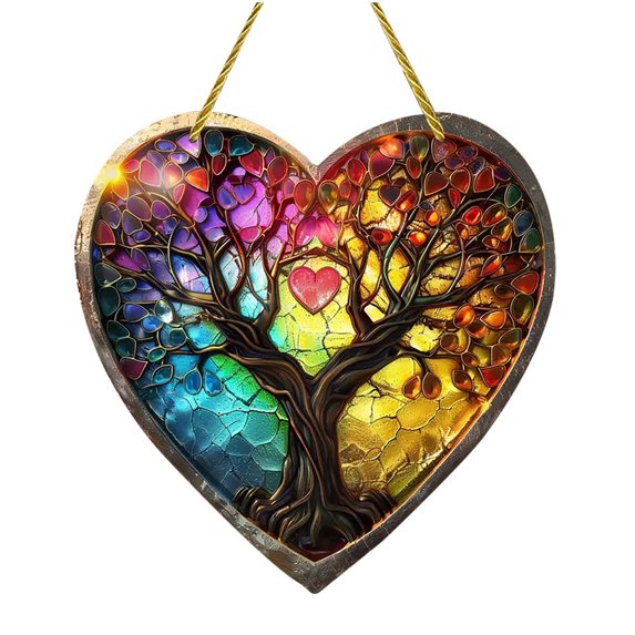 WLOELOEW Tree Of Life Suncatcher Heart Gift Hanging Ornament With Cord For Window Garden Decor Acrylic 5.9X5.9 Inches