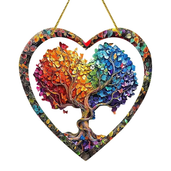 WLOELOEW Tree Of Life Suncatcher Heart Gift Hanging Ornament With Cord For Window Garden Decor Acrylic 5.9X5.9 Inches