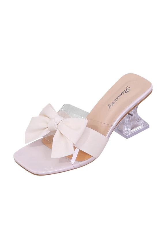 Women'S Medium Heel Clear Strap Sandals With Transparent Bow Accent Block Heel Dressy Slides Synthetic Upper Available In Us Size 5.5 (Foot Length: 9.06 Inches)
