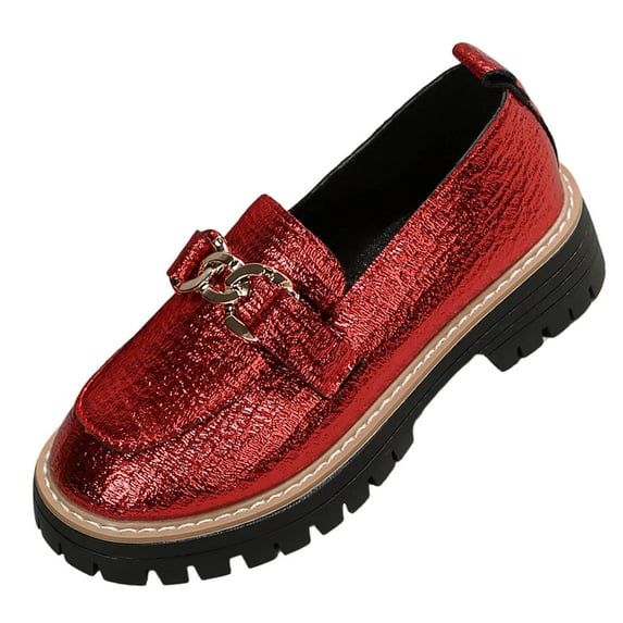 WLOELOEW Women'S Red Casual Loafers With Round Toe And Thick Sole Chunky Heel Shoes With Metal Buckle For Everyday Wear Made Of Pu Size Us 7.5