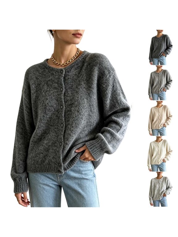 Fuzz Cardigan for Women Oversized Crew Neck Knit Jackest with Button Front Casual Long Sleeve Sweater Jacket Dark Gray S