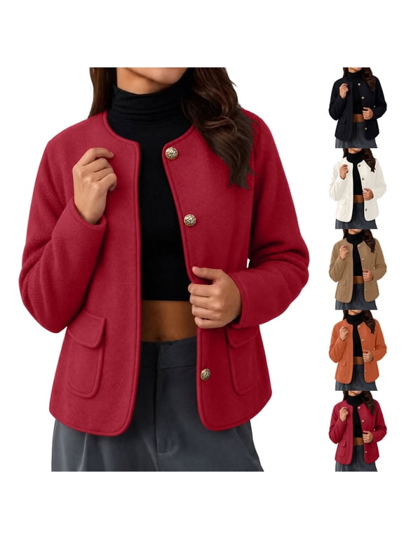 Gold Button Wool Blend Jacket for Women Round Neck Short Patch Pockets Casual Cropped Outerwear CoatRed3XL