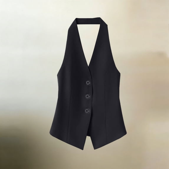 WLOMHUW Halter V-Neck Suit Vest for Women Single Breasted Tailored Waistcoat with Backless Black 3XL