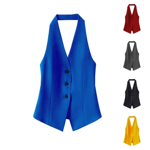 WLOMHUW Halter V-Neck Suit Vest for Women Single Breasted Tailored Waistcoat with Backless Blue S