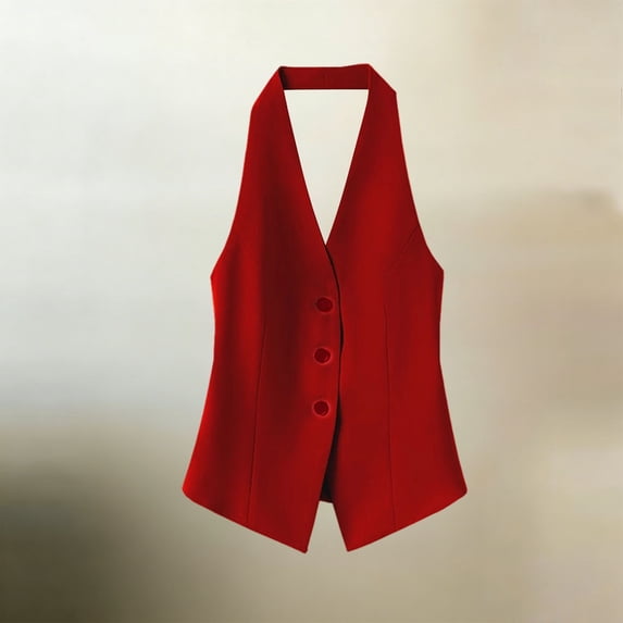 WLOMHUW Halter V-Neck Suit Vest for Women Single Breasted Tailored Waistcoat with Backless Red S
