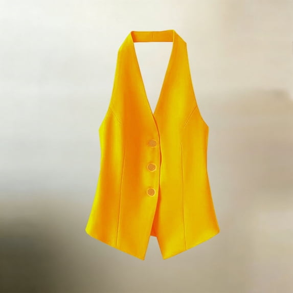 WLOMHUW Halter V-Neck Suit Vest for Women Single Breasted Tailored Waistcoat with Backless Yellow L
