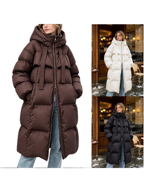 Mid Calf Winter Coats for Women Long Hooded Puffer Coat wit Zip Up Quilted Parka for Cold Snow Weather