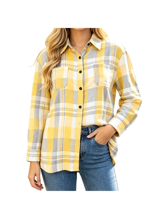 Oversized Plaid Flannel Button Shirt for Women Lapel Collar Chest Pocket Fall Shacket TopYellowS