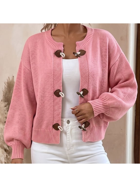 Toggle Button Cardigan for Women Crew Neck Knit Tops with Drop Shoulder Fall Short Cardigan Pink L