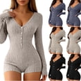 thumbnail image 1 of WLOMHUW Women's Bodycon Jumpsuit V Neck Ribbed Long Sleeve Romper with Button Front Slimming Fit Loungewear Gray S, 1 of 5