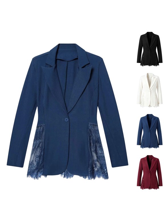 Women's Elegant Blazer Single Button Fitted Suit Jacket with Side Lace Hem Dressy Work Coat Blue XS