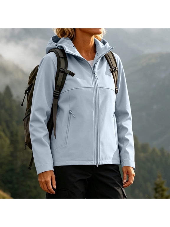 Women's Full Zip Windbreaker Hooded Softshell Jacket with Long Sleeve Windproof Outdoor Jacket for Hiking Running Blue L