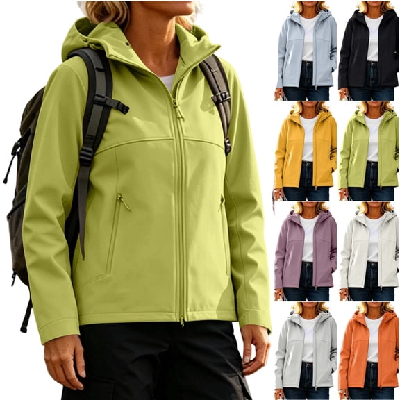 WLOMHUW Women's Full Zip Windbreaker Hooded Softshell Jacket with Long Sleeve Windproof Outdoor Jacket for Hiking Running Green XS