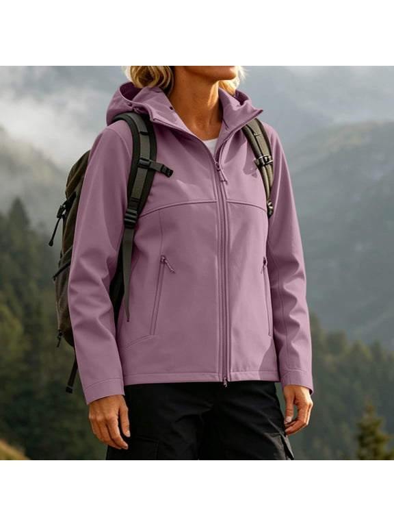 Women's Full Zip Windbreaker Hooded Softshell Jacket with Long Sleeve Windproof Outdoor Jacket for Hiking Running Purple S