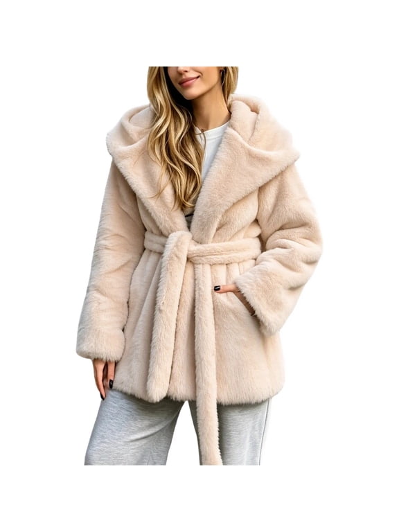 Women’s Hooded Faux Fur Jacket Fluffy Wide Lapel Jakcets with Belt Casual Winter Coats with Pockets L