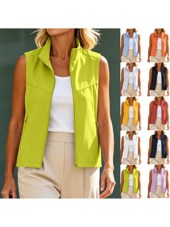 Women's Outdoor Vest Lightweight Stand Collar Softshell Vest with Zip Up Sleeveless Jackets with Pockets Green S
