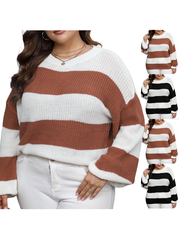 WLOMHUW Women's Plus Size Swaters Striped Crewneck Pullover Tops with Lantern Sleeve Oversized Fall Winter Top Brown L