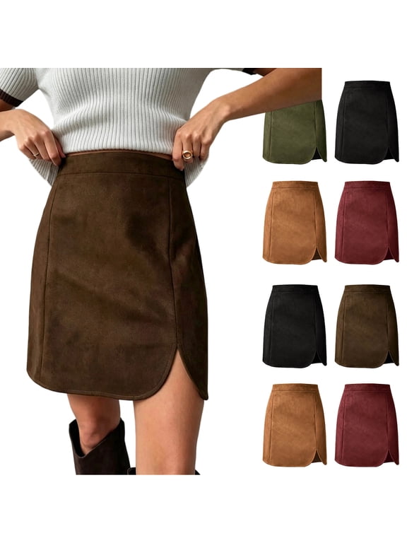Women's Suede Skirt High Waist A-Line Mini Skirt with Front Slit Casual Short Skirts Brown S