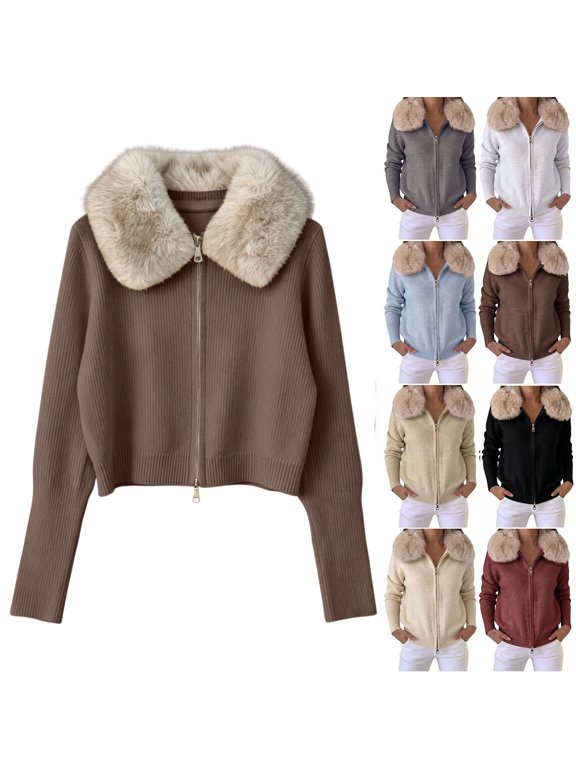 Women's Zip Up Knit Cardigan Faux Fur Collar Jackets with Long Sleeve Cable Knit Sweater Jacket for Fall Winter Coffee S