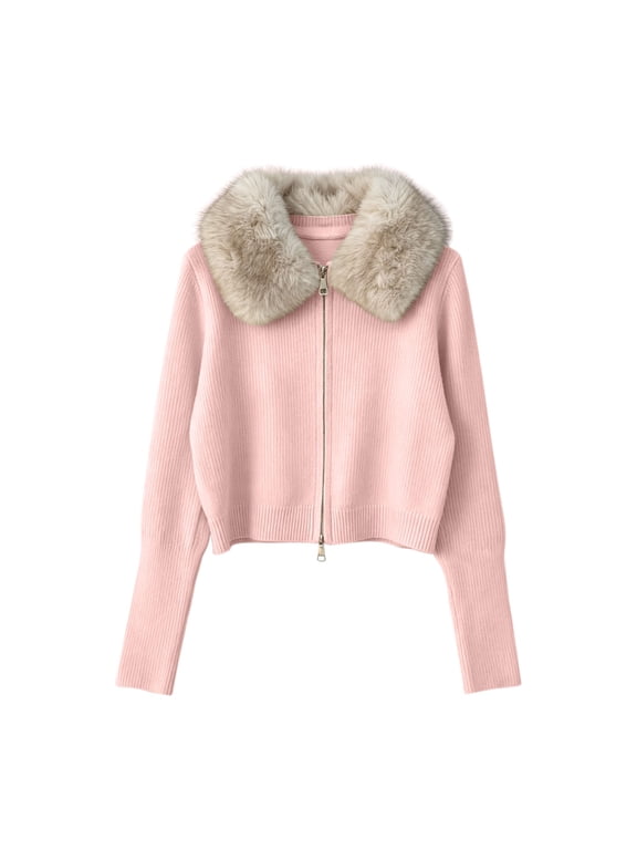 Women's Zip Up Knit Cardigan Faux Fur Collar Jackets with Long Sleeve Cable Knit Sweater Jacket for Fall Winter Pink M