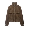 thumbnail image 1 of WLOMHUW Womens Cropped Jakcets Suede Bomber Jacket with Stand Collar Zip Up Short Coat with Pockets, 1 of 5