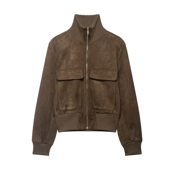 WLOMHUW Womens Cropped Jakcets Suede Bomber Jacket with Stand Collar Zip Up Short Coat with Pockets