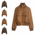 thumbnail image 1 of WLOMHUW Womens Cropped Jakcets Suede Bomber Jacket with Stand Collar Zip Up Short Coat with Pockets, 1 of 7