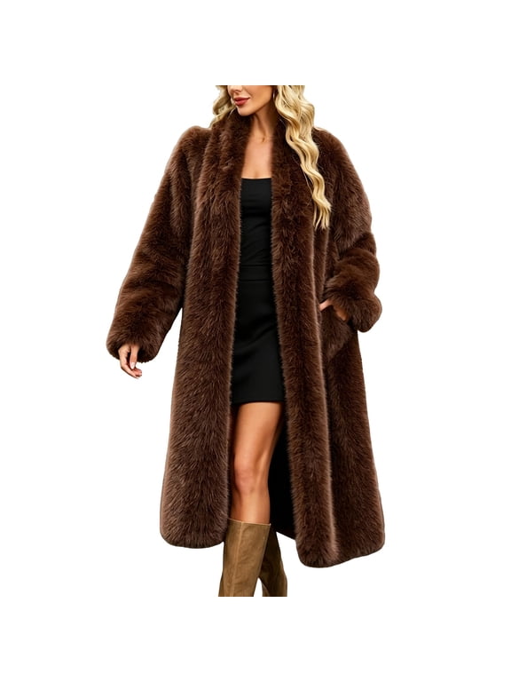 Womens Full Length Faux Fur Coat Wrap Collar Open Front Coats Trnedy Winter Warm Jackets with Side Pockets 2XL