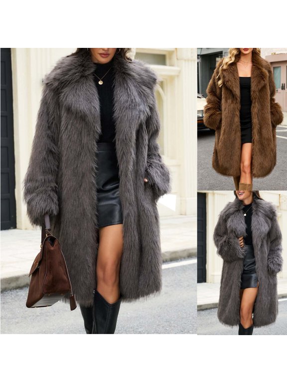 Womens Long Faux Fur Coat Fuzz Lapel Long Sleeve Open Front Winter Warm Outwear with Side Pockets 2XL