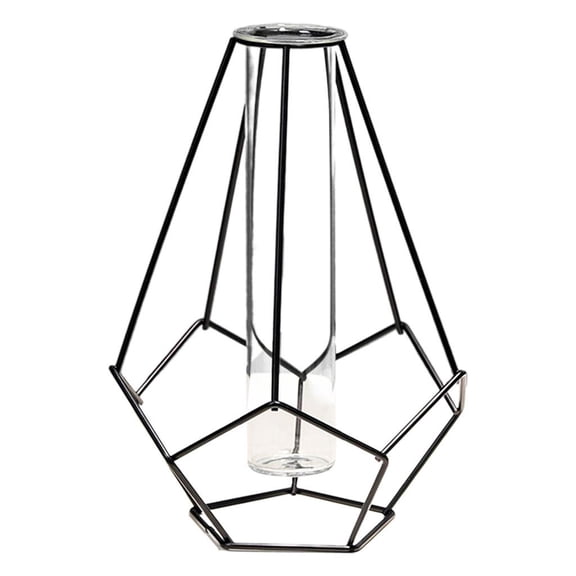 WLPZXP Metal Vase Tube Glass Planter Terrarium Geometric Metal Stand, Table Top Flower Style 2 Black