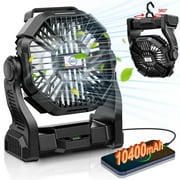 Rechargeable Camping Fan with LED Lantern, 10400mAh Portable Battery Operated Oscillating Fan for Tent, Table Fan for Picnic Fishing Travel Office,Black
