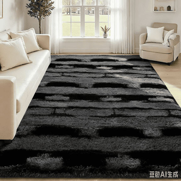 WLRETMCI 5ft x 8ft Shag Area Rugs for Living Room, Modern Geometric Fluffy Bedroom Carpet, Black & Gray