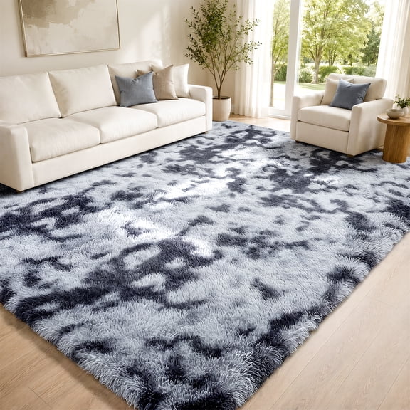 UNTIMATY 8' x 10' Fluffy Shag Area Rug Soft Plush Non-Slip Rug for Living Room and Bedroom Carpet, Blue Tie-Dye