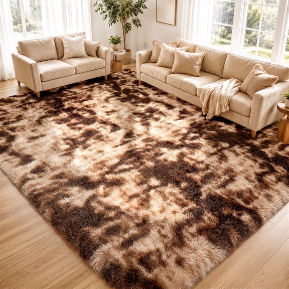 UNTIMATY 8' x 10' Fluffy Shag Area Rug Soft Plush Non-Slip Rug for Living Room and Bedroom Carpet, Coffee Tie-Dye