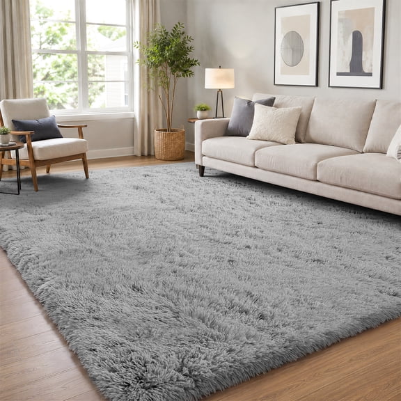 UNTIMATY 9' x 12' Fluffy Shag Area Rug Soft Plush Non-Slip Rug for Living Room and Bedroom Carpet, Light Gray