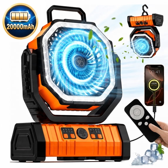 WLRETMCI Portable Camping Fan with LED Light 20000mAh Rechargeable Battery Powered Fan with Remote and Timer for Tent, RV, Travel & Emergency Use