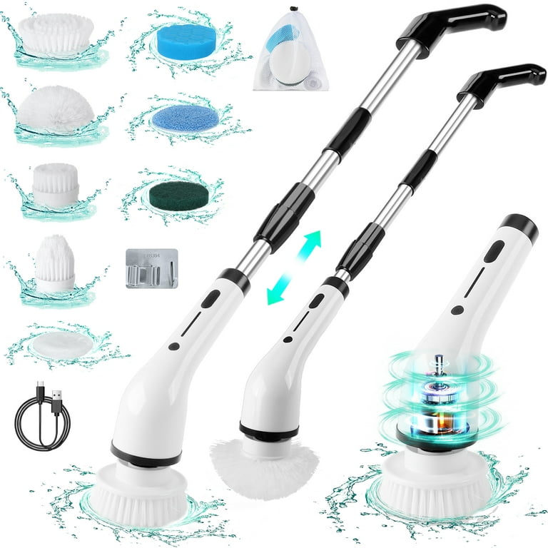 WLRETMCI Electric Spin Scrubber,Cordless Cleaning Brush with 8 Replaceable  Brush Heads Extension Handle,Bathroom Power Shower Scrubber for Tub Floor  Tile,Gifts for mom 