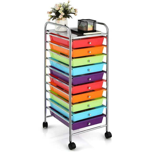 WLTER 10-Drawer Rolling Storage Cart, Utility Mobile Trolley with Removable Drawers & Universal Casters & 2 Brakes, Versatile Flexible Drawer Organizer Cart for Home, Office (Multi-Colored)