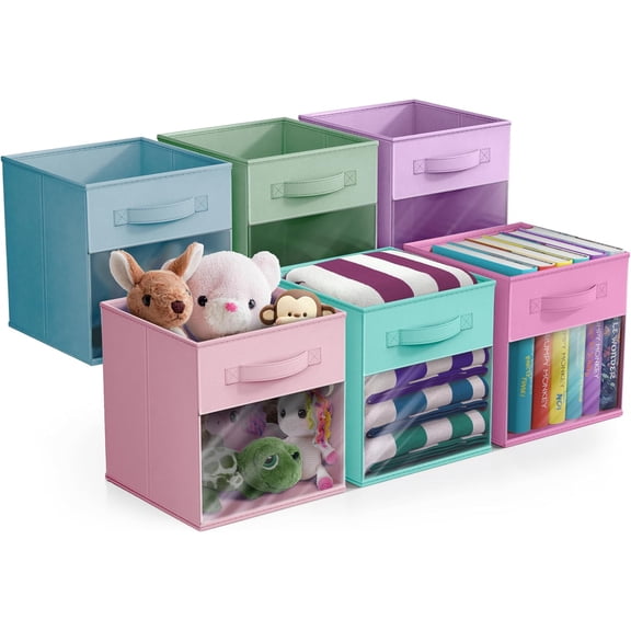 WLTER 11 Inch Storage Bins with Clear Window - 6 Foldable Baskets for Organizing Clothes, Toys, Books - Sturdy Collapsible Fabric Storage Cubes with Handle - Storage Baskets for Shelves, Closets