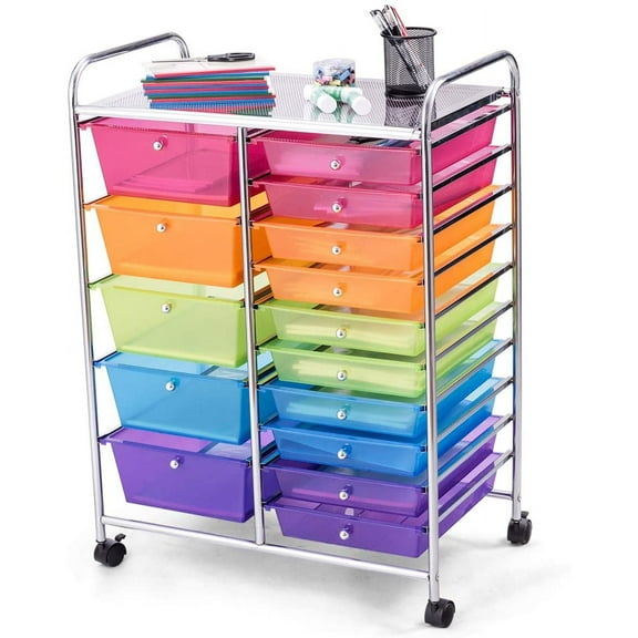 WLTER 15-Drawer Rolling Storage Cart, Craft Storage Cart with Removable Drawers & Lockable Wheels, Art Cart Supply Storage Organizer for Home Office Classroom, Rainbow