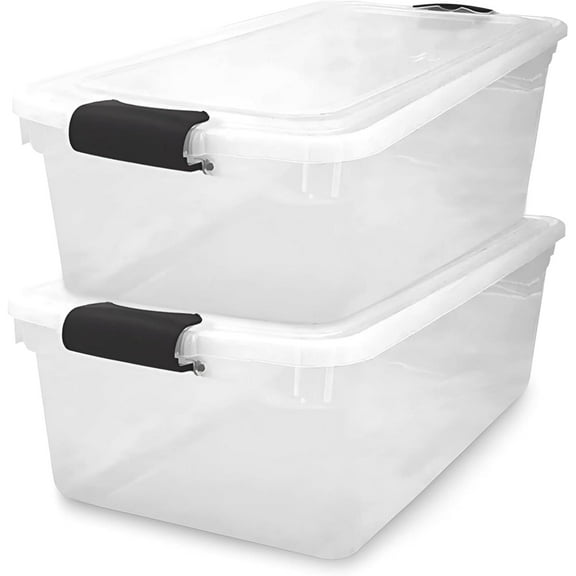 WLTER 2-Pack Latching Lid, Large Clear Plastic Storage Bins with Lids, 66 Quart, Gray Latch - Stackable Container Boxes for Home, Bathroom, and Office Organization