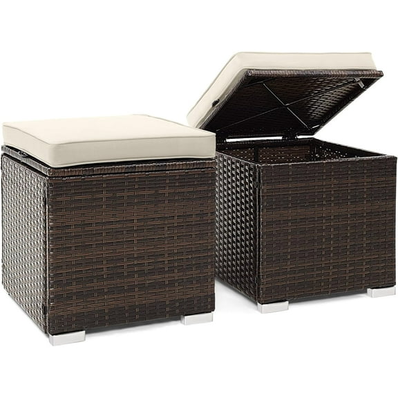 WLTER 2 Pieces Patio Ottomans, Patiojoy Hand-Woven PE Rattan Side Table with Removable Cushion & Hidden Storage Space, Multifunctional Storage Box, Seat for Patio, Backyard, Poolside (Off White)