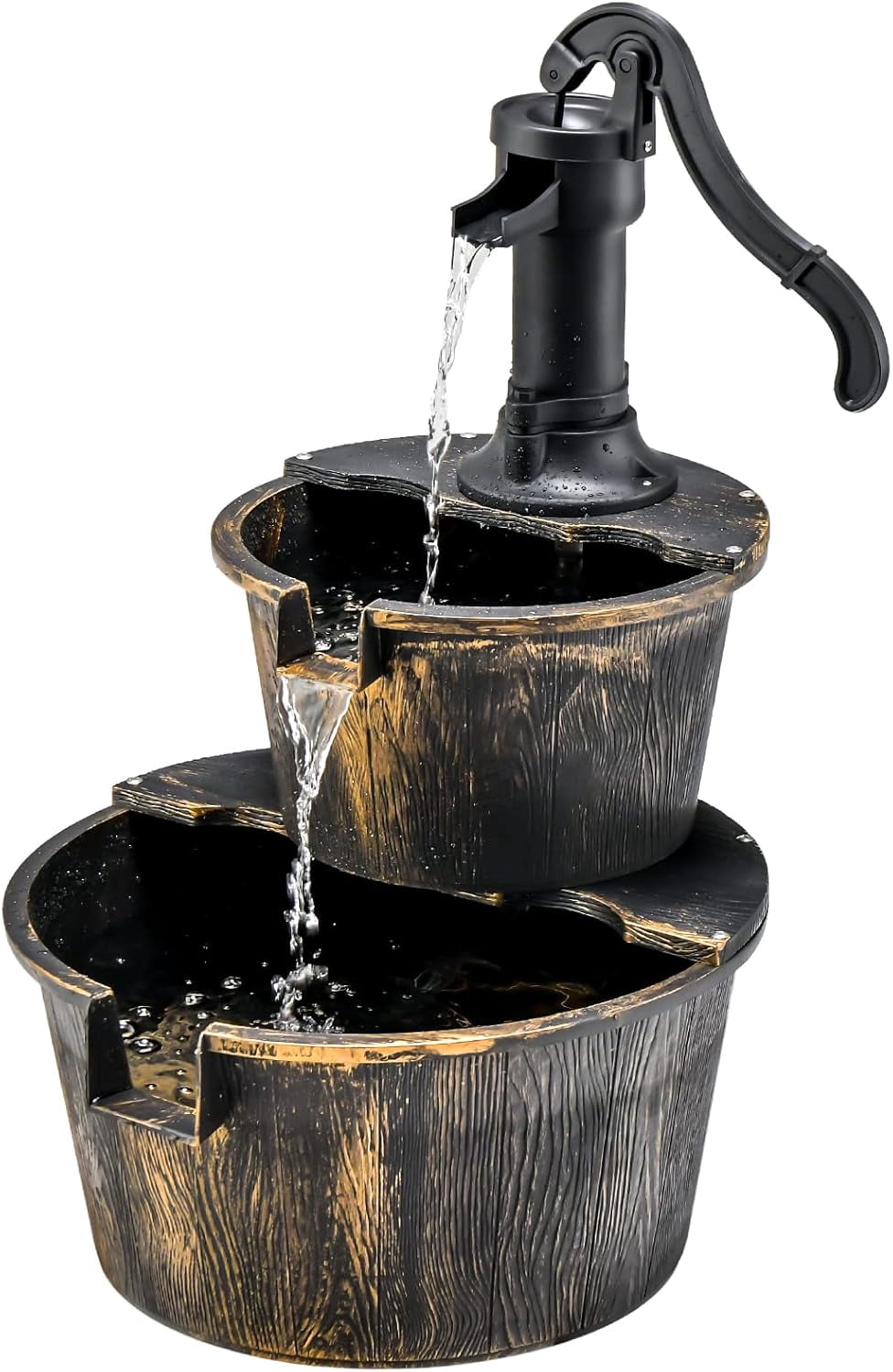 WLTER 2-Tier Water Fountain Outdoor, Rustic Wood Cascading Waterfall Fountain with Electric Pump, Outside Water Feature with Decorative Hand for Garden Patio Backyard (Plastic)