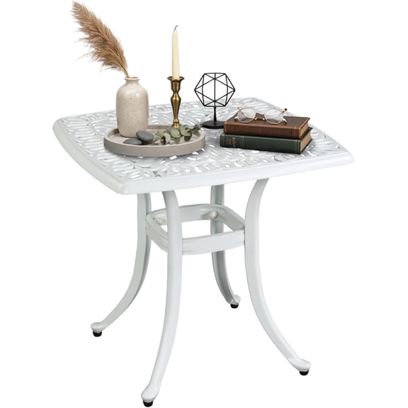 WLTER 21 Cast Aluminum Outdoor Side Table with 1.6 Umbrella Hole, All Weather Square Patio Coffee Table Bistro Table End Table for Yard Porch Poolside(White)