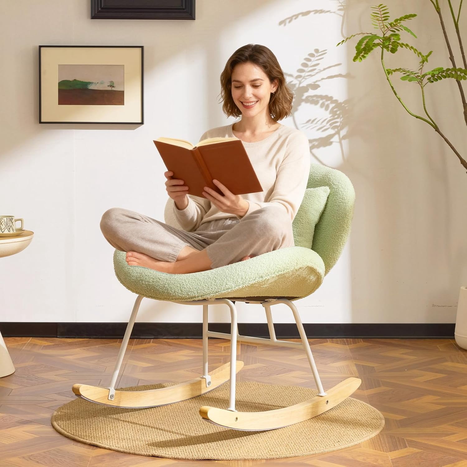WLTER 25.6" Extra Wide Criss Cross Nursery Rocking Chair,Cute Curved 115° Reclining Armless Glider,Teddy Small Rocker w/Pillow & Solid Wood for Indoor,Bedroom, Living Room,Teddy Fleece,Seafoam Green